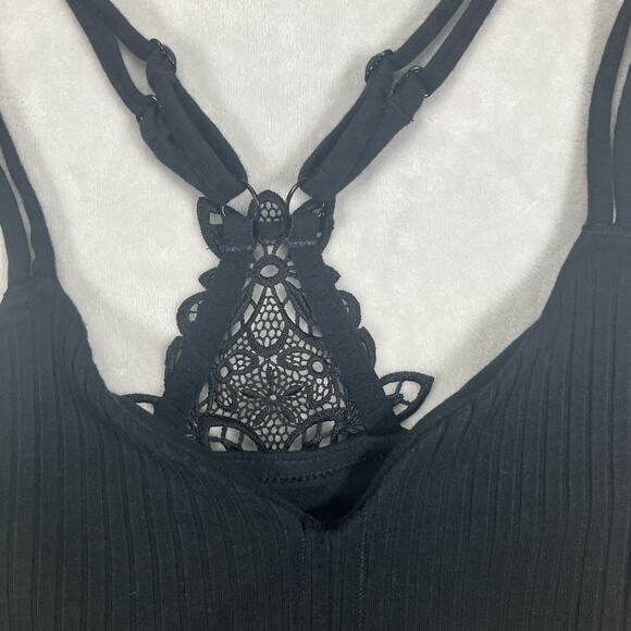 Aerie Size XL Women's Lace Racerback Built In Bra Cropped Tank Top Black Ribbed - Picture 2 of 14